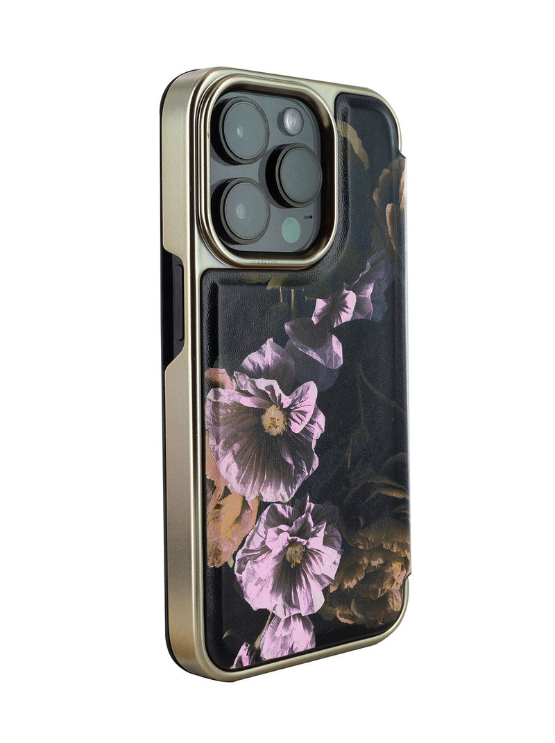 Ted Baker Black Paper Flowers Mirror Folio Phone Case for iPhone 16 Pro Max Gold Shell